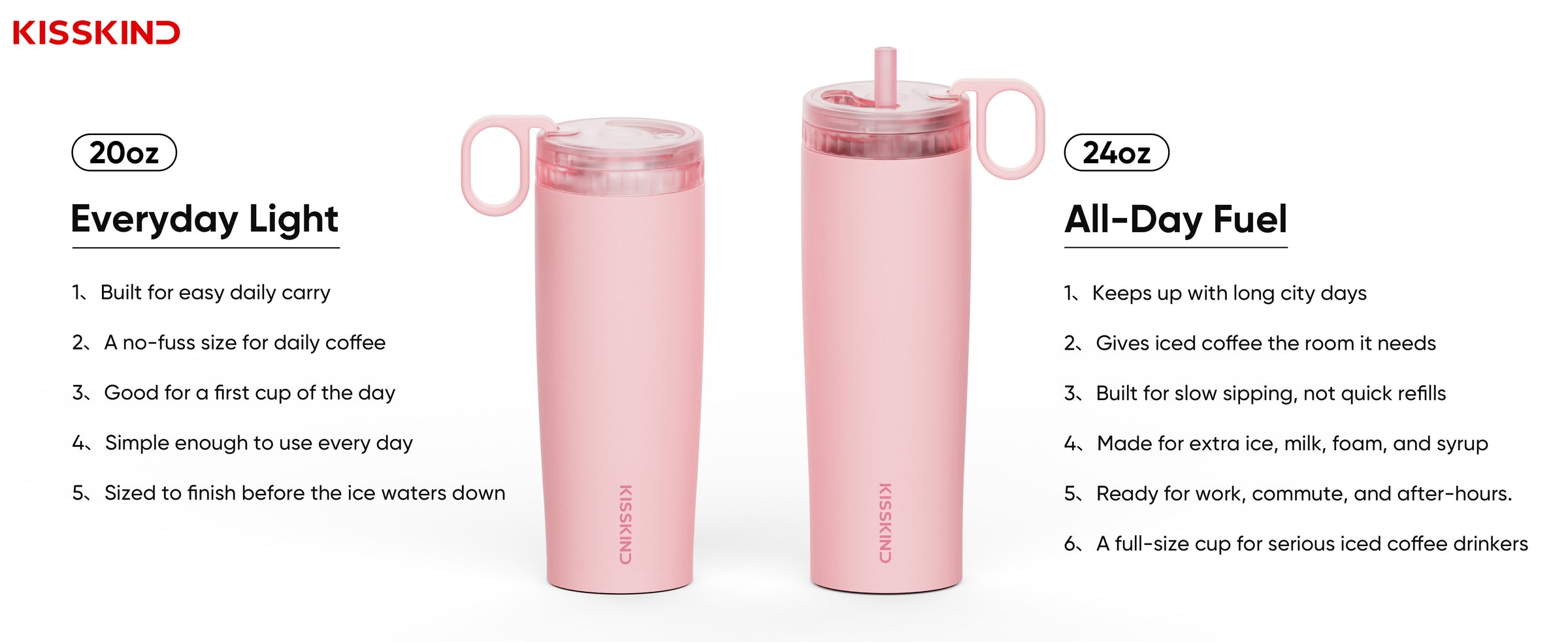 20 oz Everyday Light: built for easy daily carry, a no-fuss size for daily coffee, good for a first cup of the day. 24 oz All-Day Fuel: keeps up with long city days, room for extra ice, milk, foam and syrup.