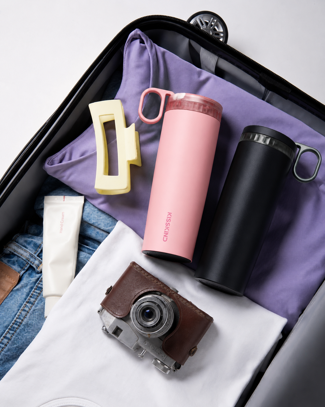 Pink KissKind cup prepared for a longer travel route