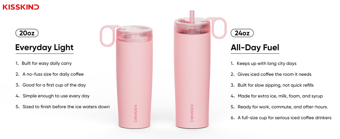 The 20 oz and 24 oz cups side by side in Peach Sorbet