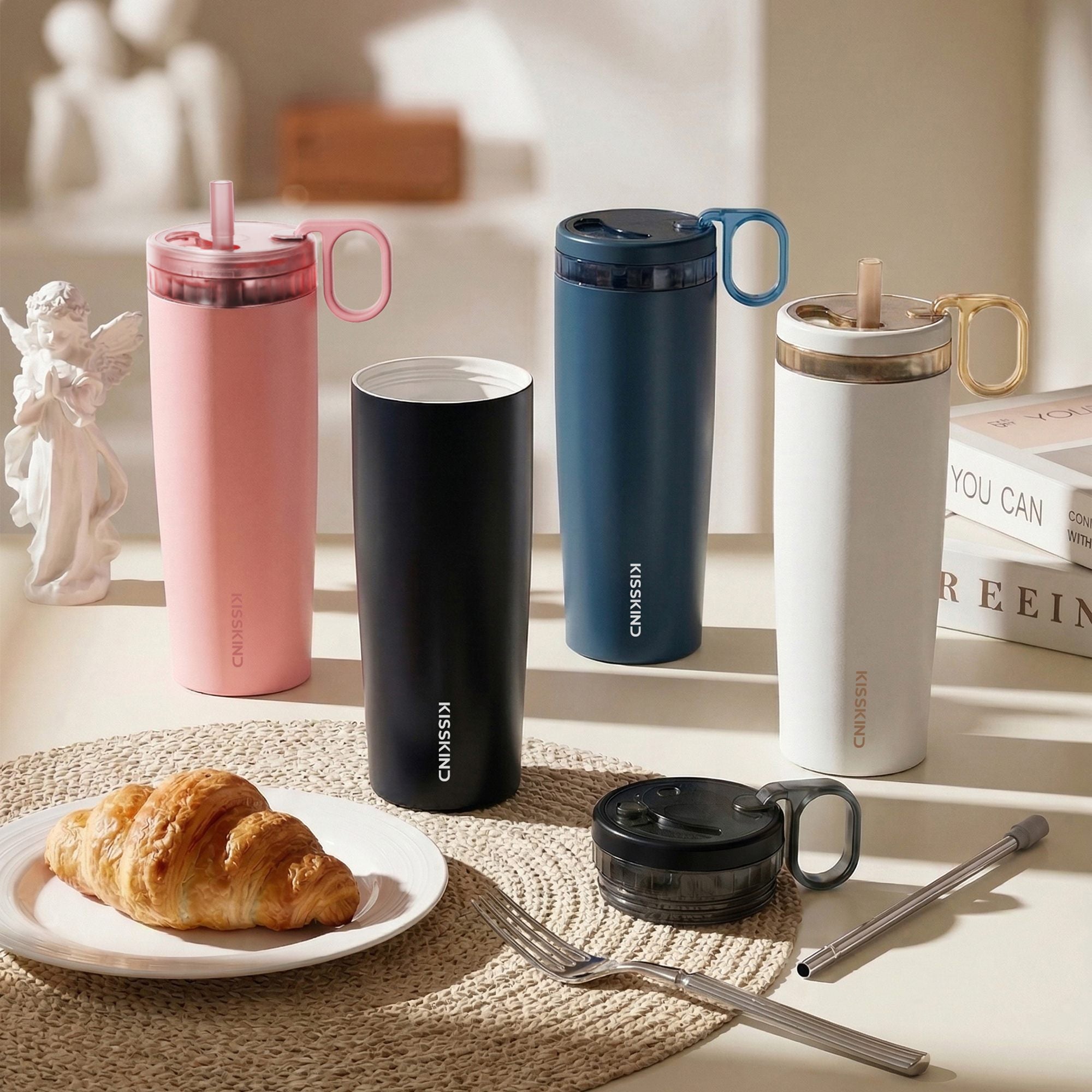 KissKind 20 oz and 24 oz iced coffee tumblers in a breakfast routine.