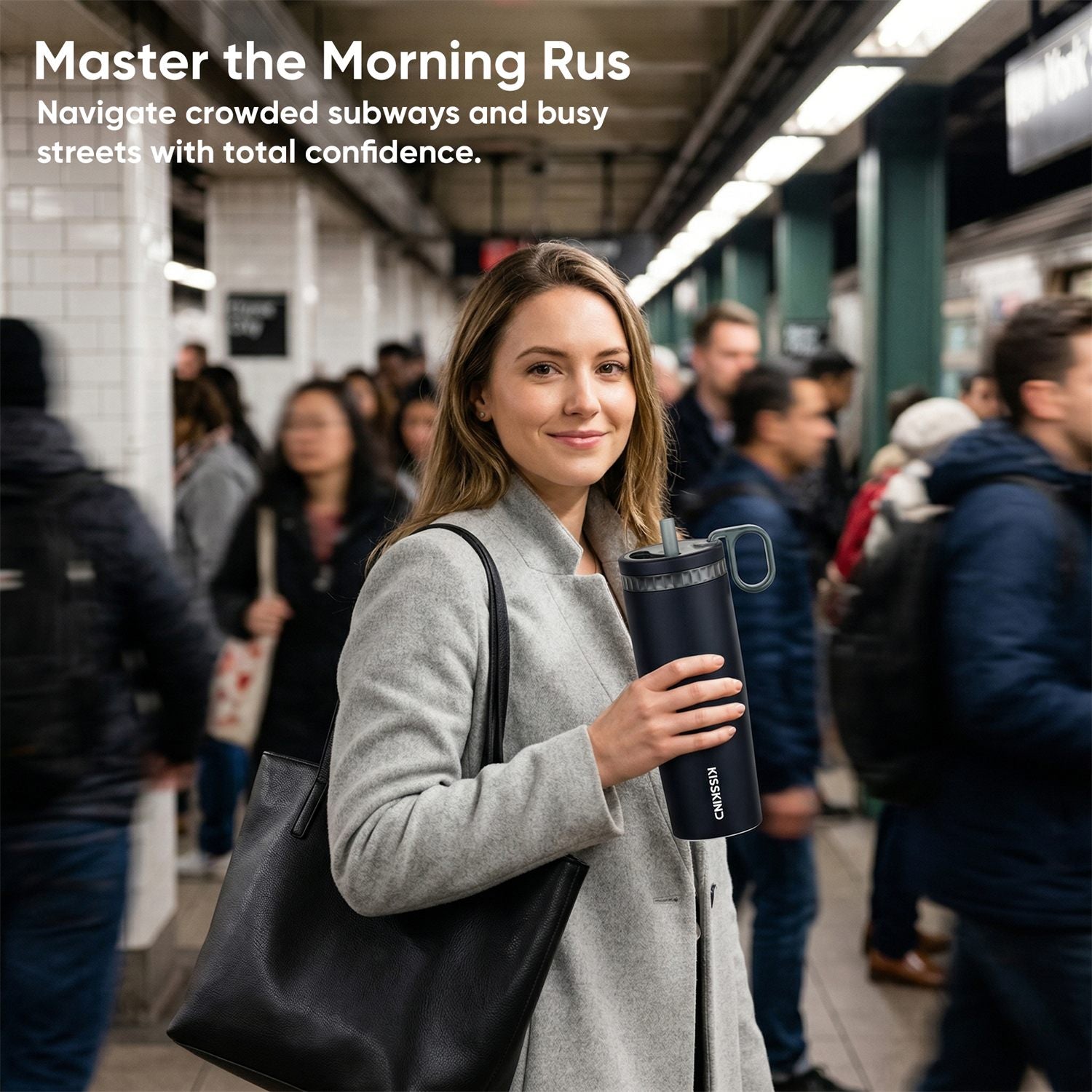 KissKind commute tumbler on a subway platform.