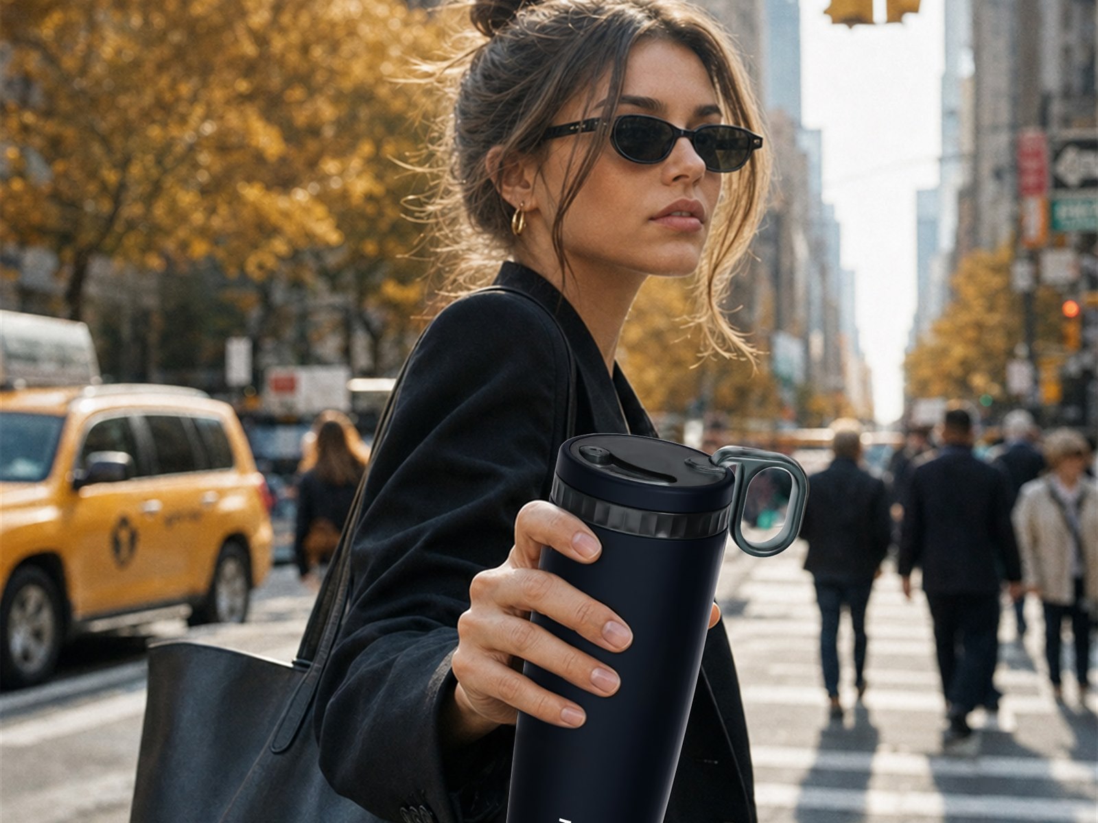 KissKind tumbler carried through a city crosswalk
