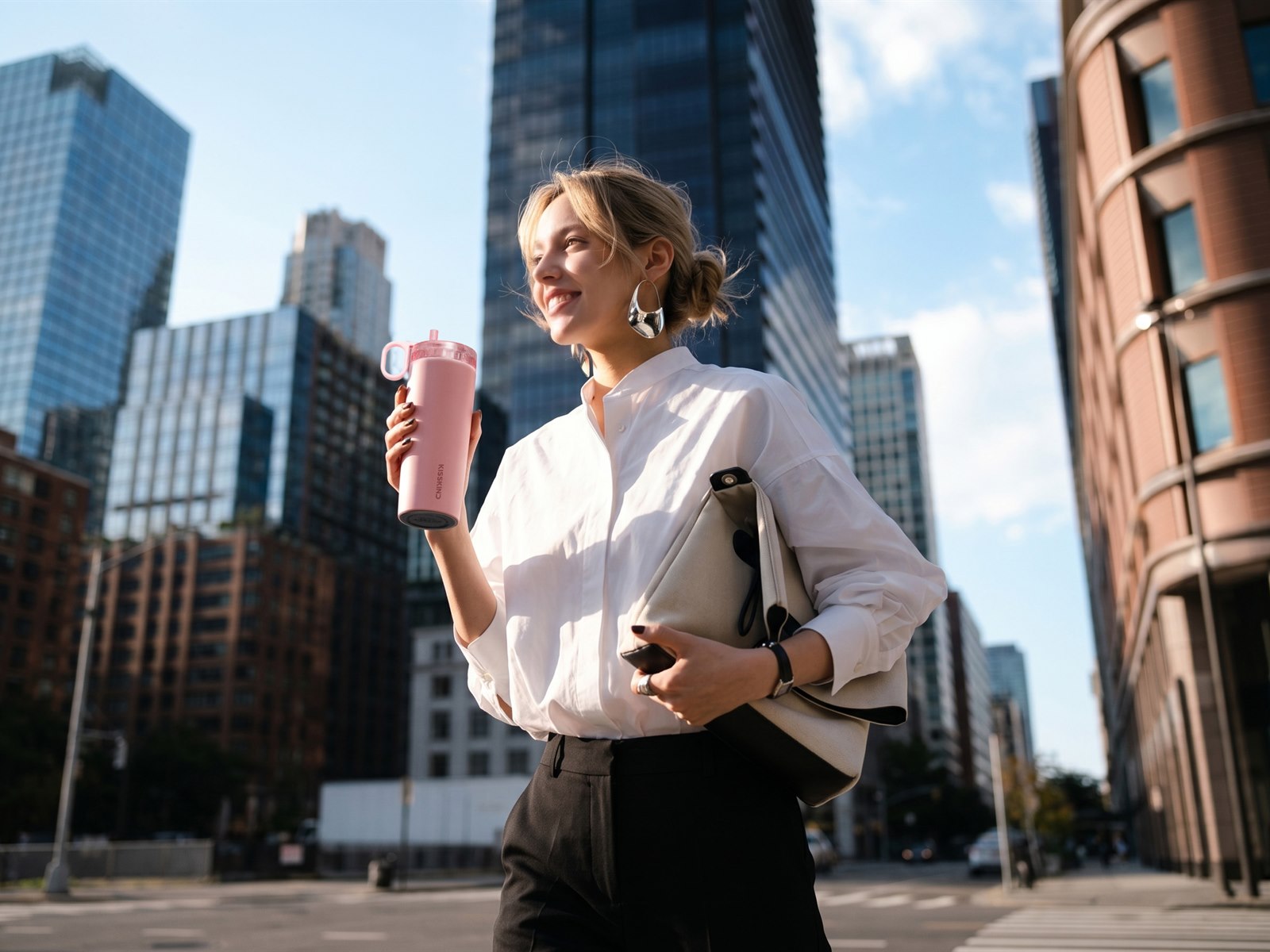 Pink KissKind cup carried through an office district commute