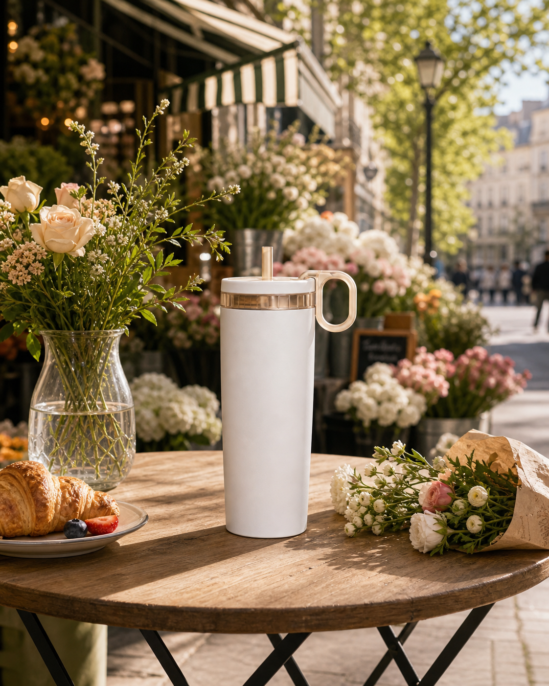 White KissKind cup on a flower market cafe table