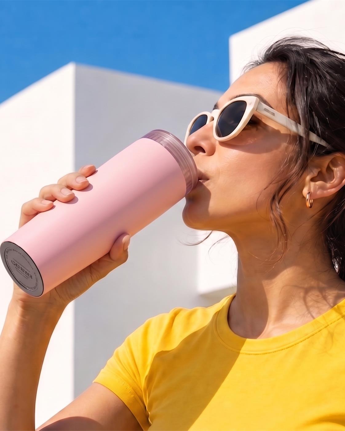 Pink KissKind cup in an outdoor drinking scene