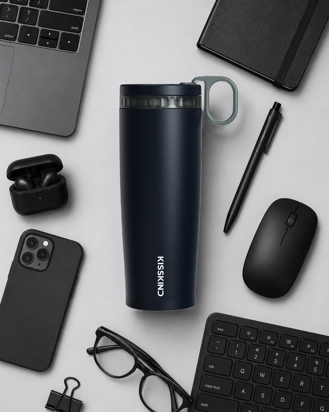 KissKind cup clipped and carried with everyday essentials