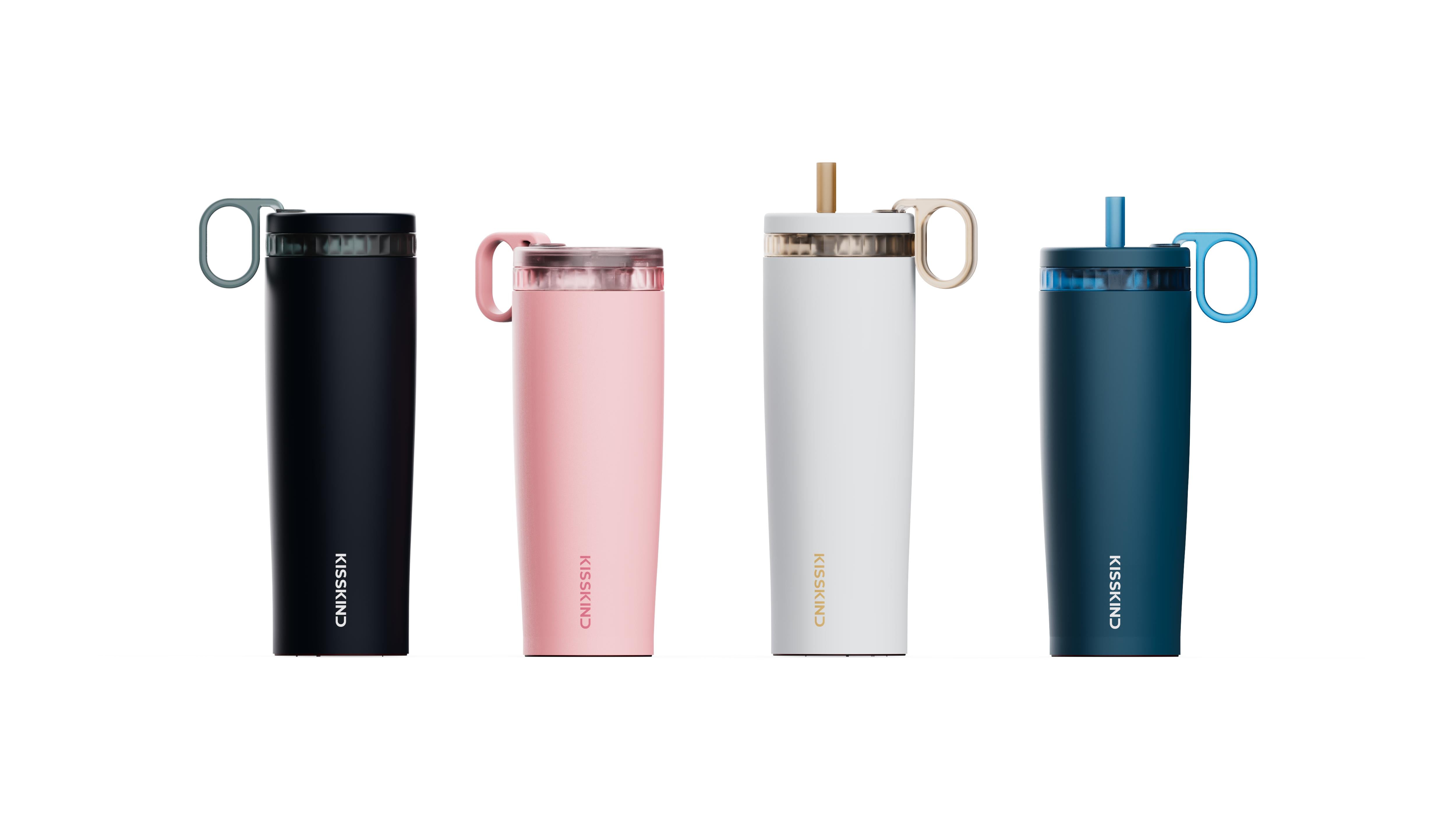 KissKind leakproof iced coffee cup size and color options on a clean studio background