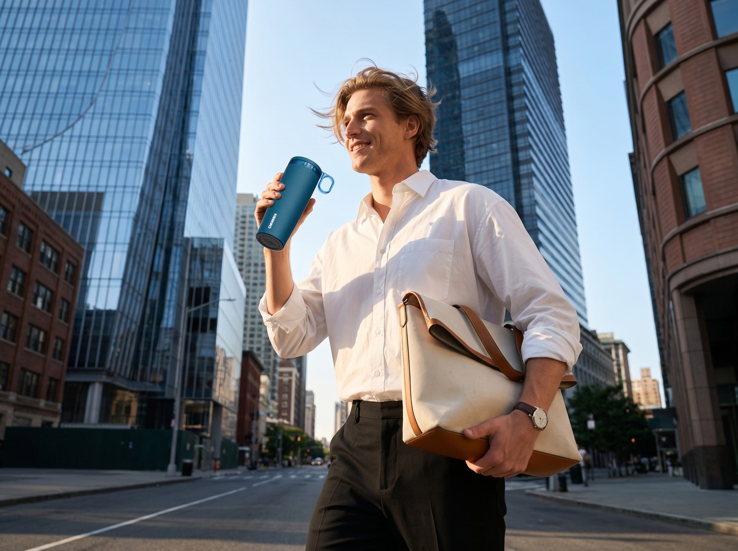 Person carrying and enjoying iced coffee from a blue Kisskind cup in the city