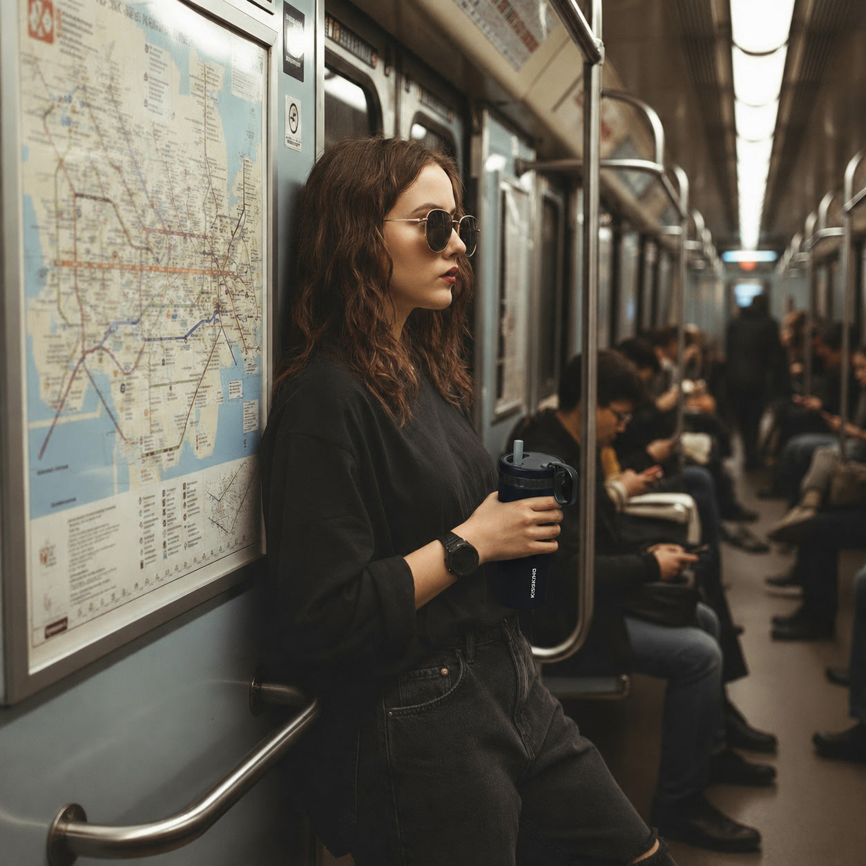Commuter carrying a Kisskind cup on public transport