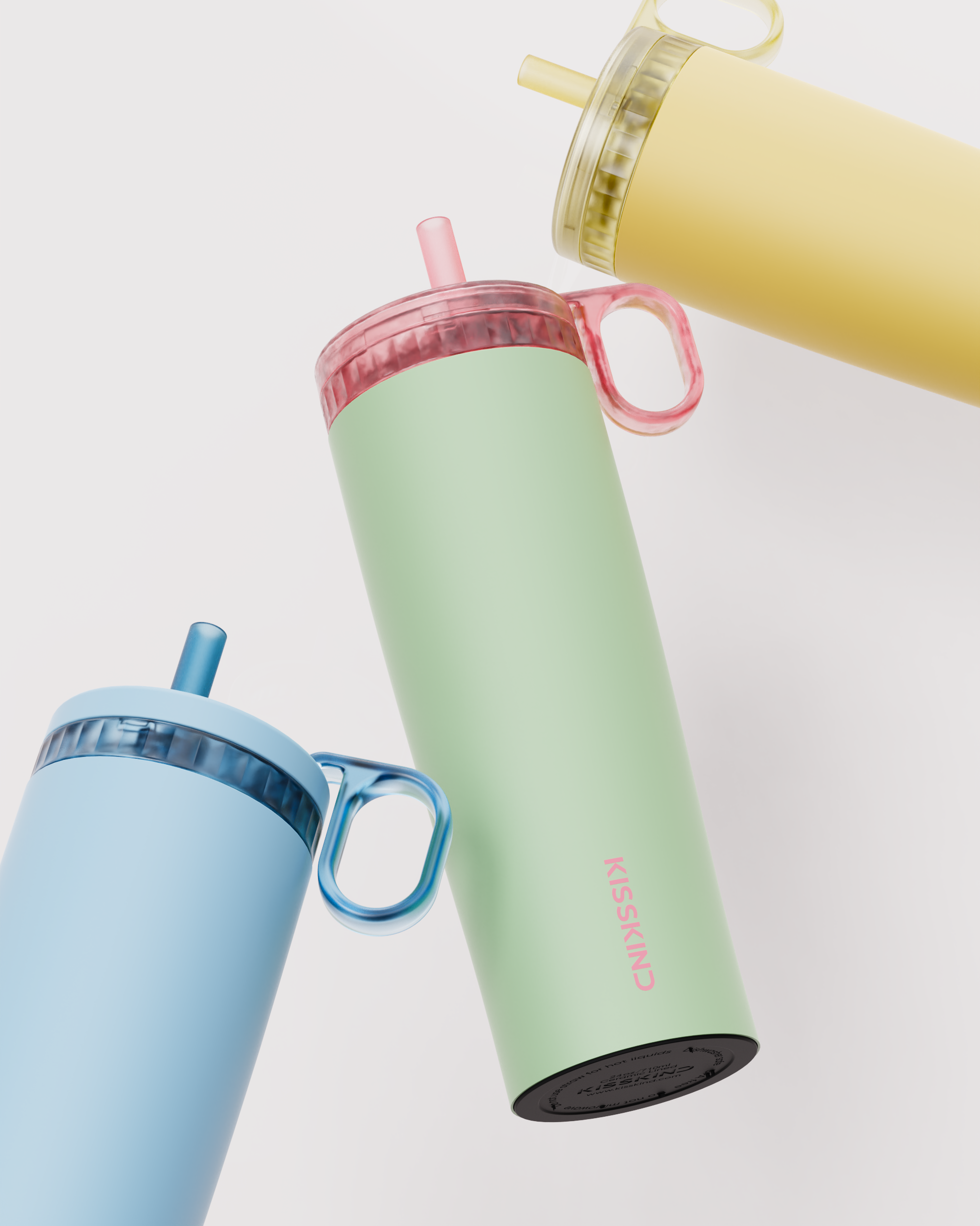 Green, red, and lilac Kisskind tumblers