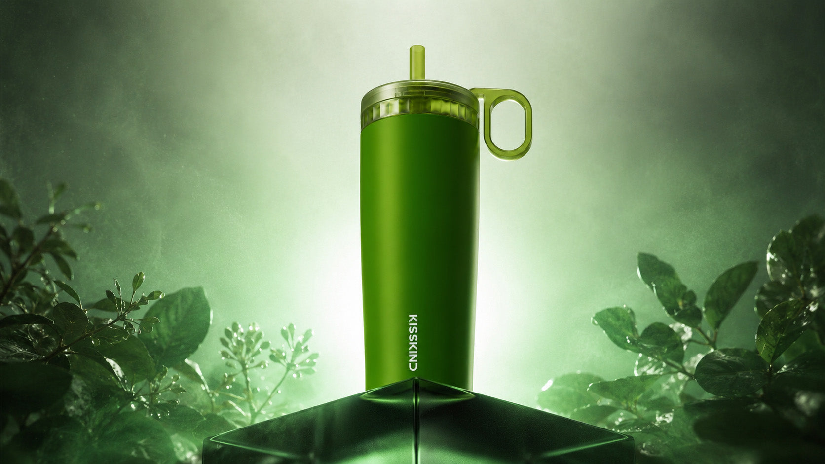 Green Kisskind cup in a botanical green scene