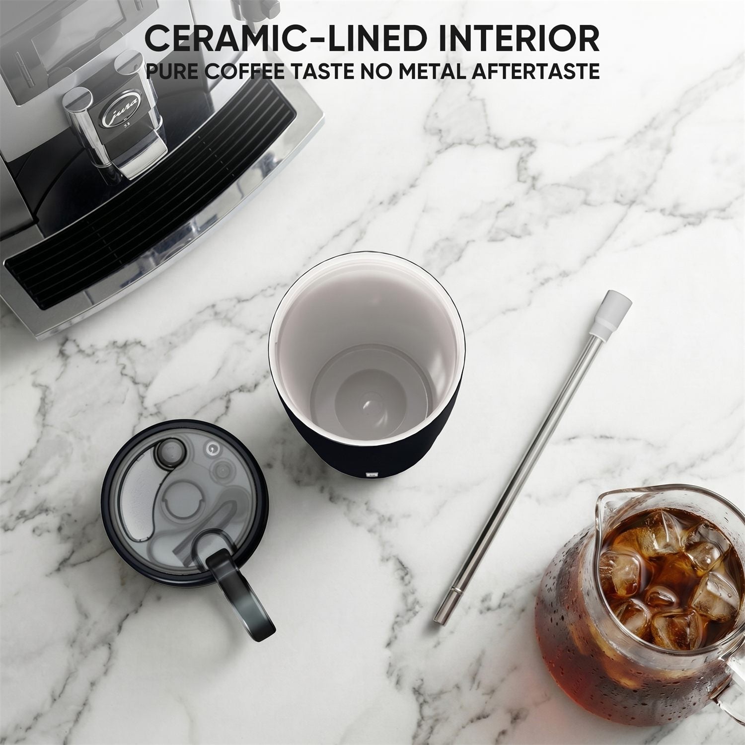 Coffee, lid, straw, and ceramic-lined cup flatlay.