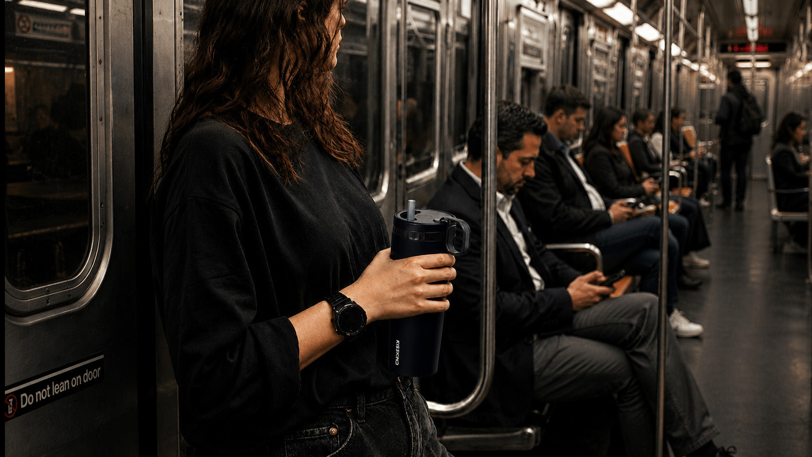 KissKind iced coffee cup carried during a subway commute