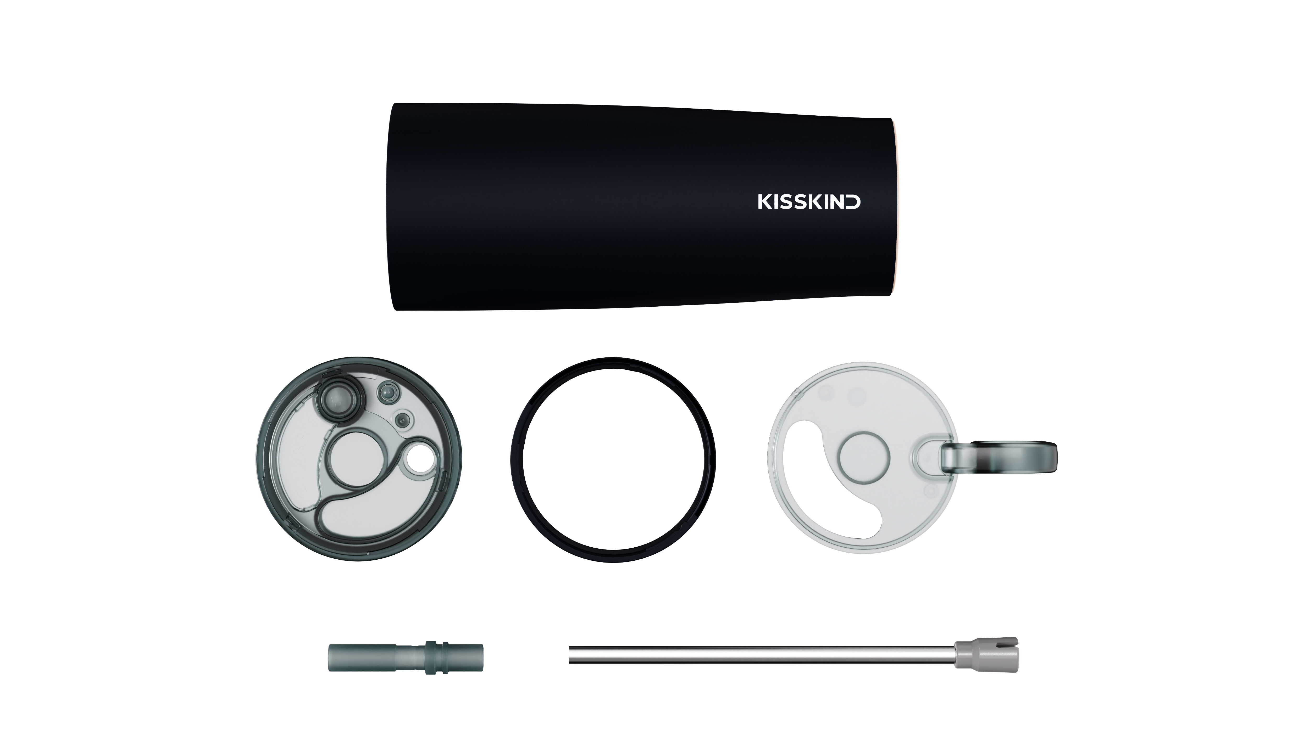 Exploded view of the KissKind lid and hidden straw system