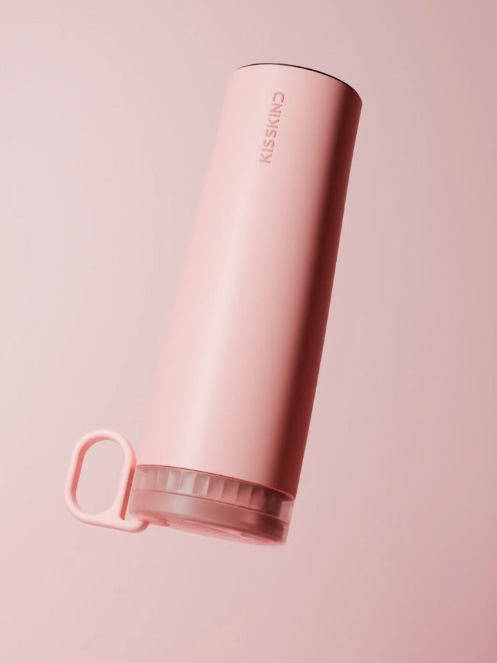 Pink cup upside down, still sealed