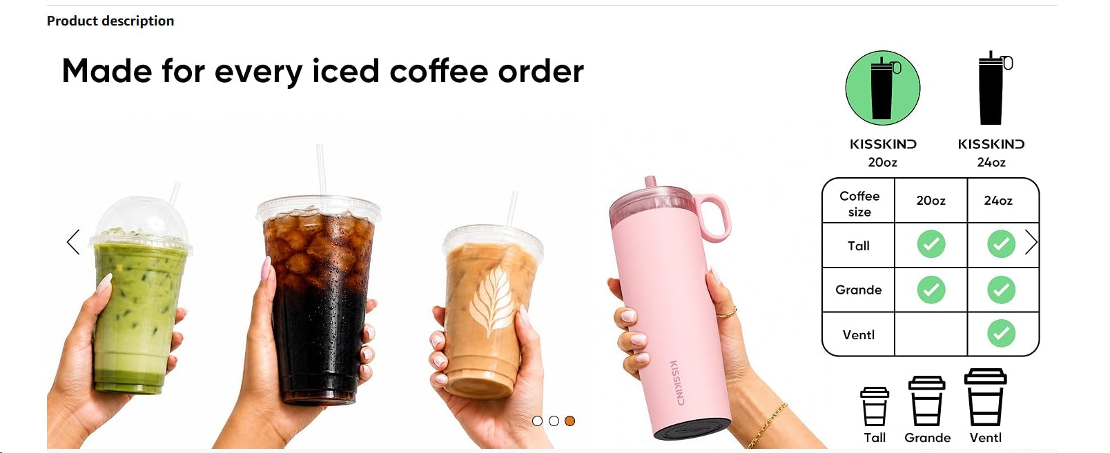 Iced coffee orders next to the KISSKIND cup, with a Tall / Grande / Venti fit chart for 20 oz and 24 oz