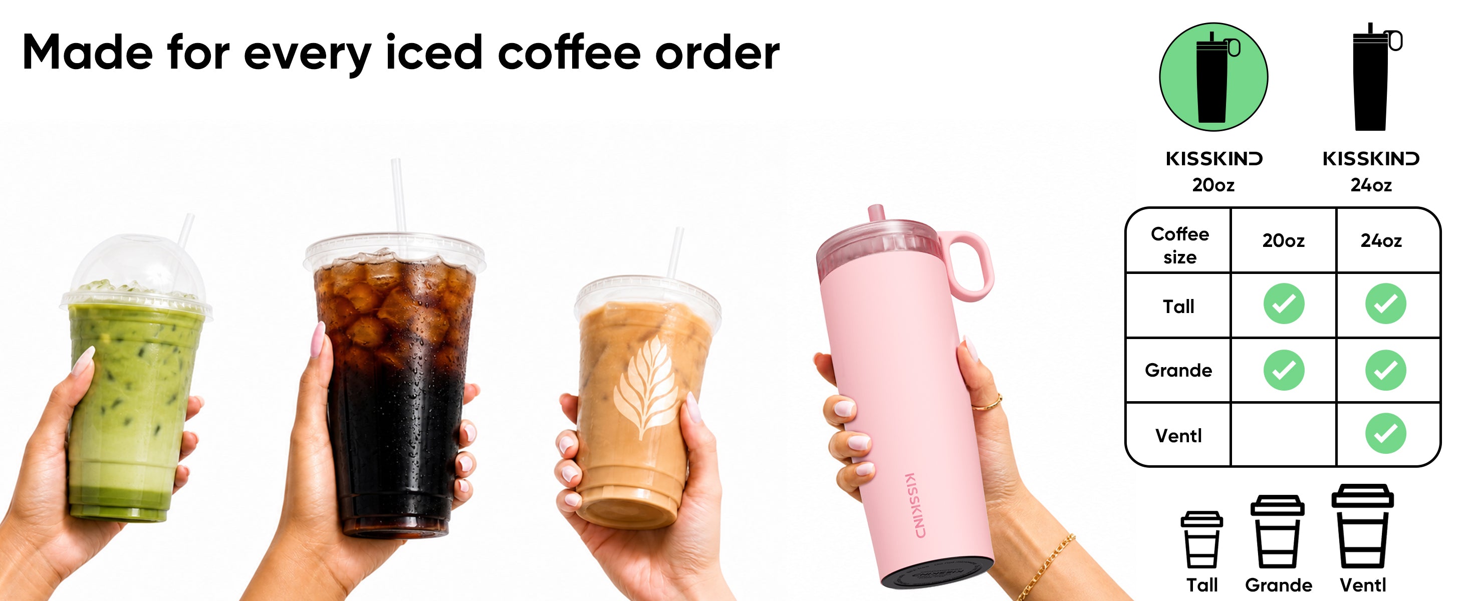 Iced coffee orders next to the KISSKIND cup, with a Tall / Grande / Venti fit chart for 20 oz and 24 oz